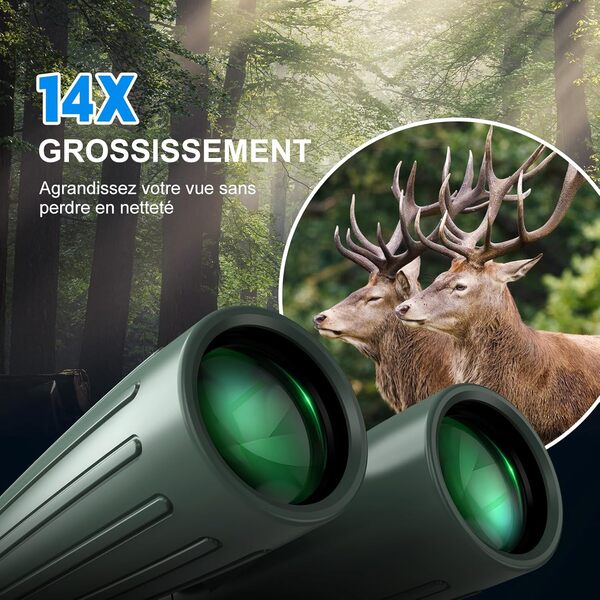 Jumelles 14x45 pour Adultes, puissantes, pour la Chasse, avec Une Vue dégagée et Large, étanches, avec Adaptateur de téléphone en métal et trépied pour l'observation des Oiseaux, la randonnée et