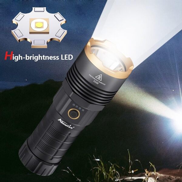 ALONEFIRE Lampe torche LED X100 2050 lumens haute luminosité rechargeable USB C 5 modes réglables étanche avec batterie et cordon pour camping, urgence, randonnée, maison
