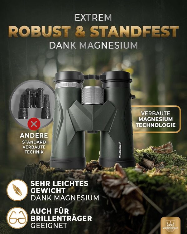 Jumelles Weidenberger 12x42, jumelles en magnésium remplies d'azote et étanches, jumelles Tester pour adultes, prisme BAK4 HD + lentille FMC, également adaptées aux personnes portant des lunettes (ver