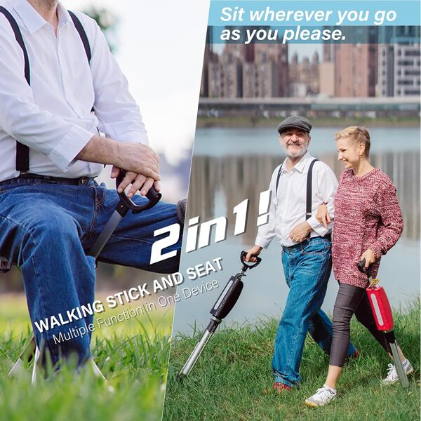 STEP2GOLD Ta-Da Chair Series 2 - Canne de Marche avec siège, Cadre léger en Aluminium, Tabouret Pliable Robuste (jusqu'à 136 kg) Facile à Plier, idéal pour randonnée et activités en Plein air