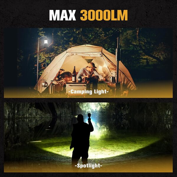 FORTO Projecteur LED rechargeable et lanterne de camping, 3000 lm IP68, lampe de poche étanche avec batterie de 5000 mAh, faisceau de 420 m, crochet pliable, type C, pour randonnée, urgence, camping