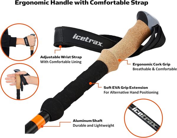 ICETRAX Bâtons de randonnée en aluminium avec système de verrouillage rapide et poignée en liège, ensemble de bâtons de randonnée réglables en hauteur
