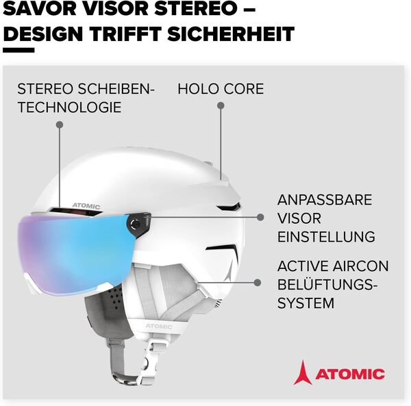 ATOMIC Casque de Ski avec visière Savor Visor Stereo, Blanc (White Heather), Taille S (51 à 55 cm), Absorption maximale des Chocs, Ventilation Active Aircon, Traitement Miroir pour Une Vision Claire