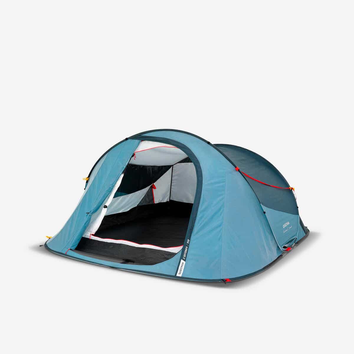 Test de la tente instantanée Decathlon 2 Seconds bleu, 3 places